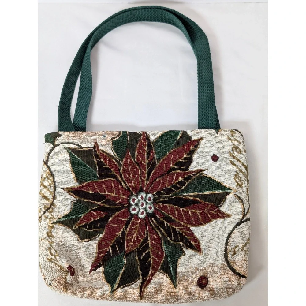 Vintage Christmas Holiday Poinsettia Tapestry Tote Bag & Blanket Fringe Acrylic